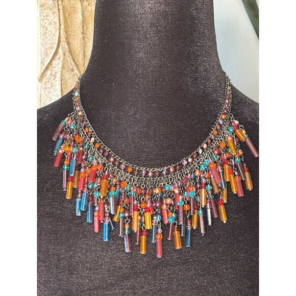 Colorful Beaded Fringe Necklace With Multicolor Glass Tube Beads & Festive Chain - Picture 1 of 9